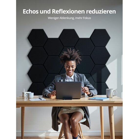 Hexagon Akustikplatten Selbstklebend, 18 Stück Schallabsorber für Tonstudio, Wohnzimmer, Gaming Deko, Kinderzimmer, Buero, Wand, Decken, Türen Akustikpaneele Schwarz, 30 x 26 x 0,9cm