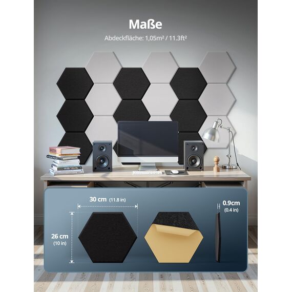 Hexagon Akustikplatten Selbstklebend, 18 Stück Schallabsorber für Tonstudio, Wohnzimmer, Gaming Deko, Kinderzimmer, Buero, Wand, Decken, Türen Akustikpaneele Schwarz, 30 x 26 x 0,9cm