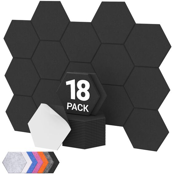 Hexagon Akustikpaneele selbstklebend 18 Stücke, TONOR Schallabsorber Schallschutz mit Hochdichte Wandfliesen Schalldämmung 30x26x1 cm für Studio, Büro, Akustische Behandlung und Gaming deko, Schwarz