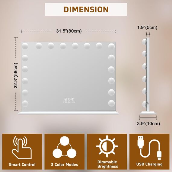 FENCHILIN Hollywood Spiegel mit USB Port 18 dimmbare LED Lampen Schminkspiegel mit Beleuchtung Groß Spiegel mit Beleuchtung 3 Farbtemperatur Schminkspiegel mit Licht für Schminktisch Weiß