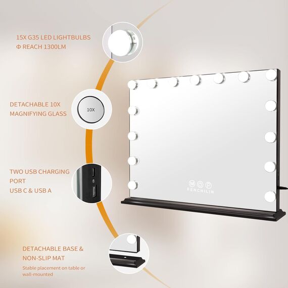FENCHILIN Hollywood Spiegel mit Beleuchtung USB-C Ausgang Schminkspiegel mit Beleuchtung mit 15 dimmbare LED Lampen 3 Lichtmodus und einstellbare Helligkeit Hollywood Spiegel 58x46 cm Black