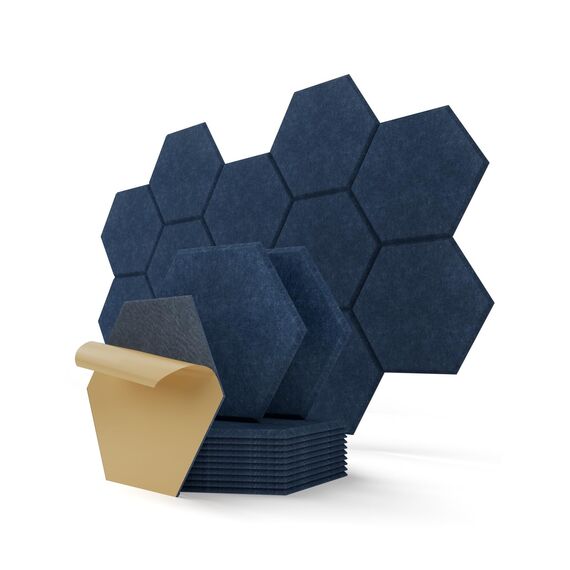 Hexagon Akustikplatten, 12 Stück Schallabsorber für Tonstudio, Wohnzimmer, Gaming Deko, Kinderzimmer, Buero, Wand, Decken, Türen Akustikpaneele Selbstklebend, 30 x 26 x 0,9cm, Dunkelblau