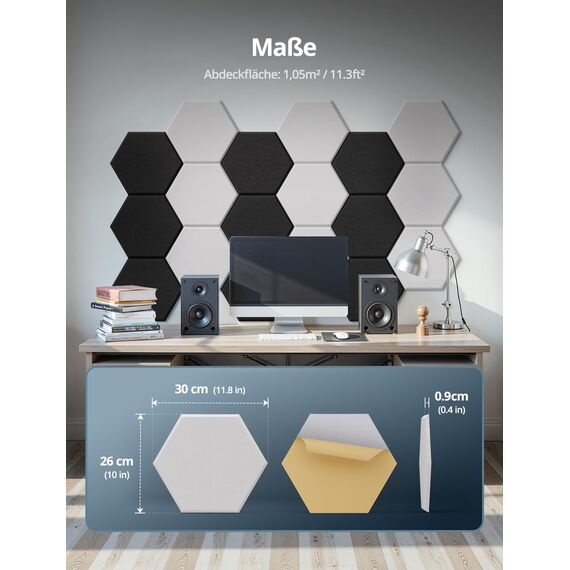 Hexagon Akustikplatten Selbstklebend, 18 Stück Schallabsorber für Tonstudio, Wohnzimmer, Gaming Deko, Kinderzimmer, Buero, Wand, Decken, Türen Akustikpaneele Weiß, 30 x 26 x 0,9cm