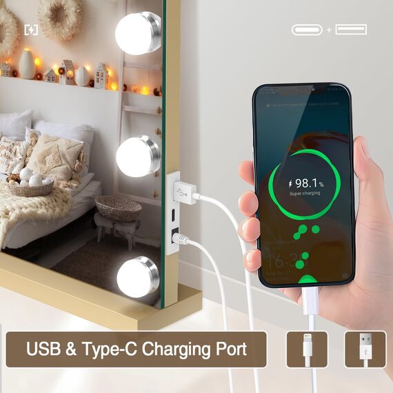 halumao Kosmetikspiegel mit Lichtern, 58 x 48 cm, großer beleuchteter Spiegel mit Smart Touch, 3 Farben, dimmbar, Tischspiegel für Make-up-Schreibtisch Gold