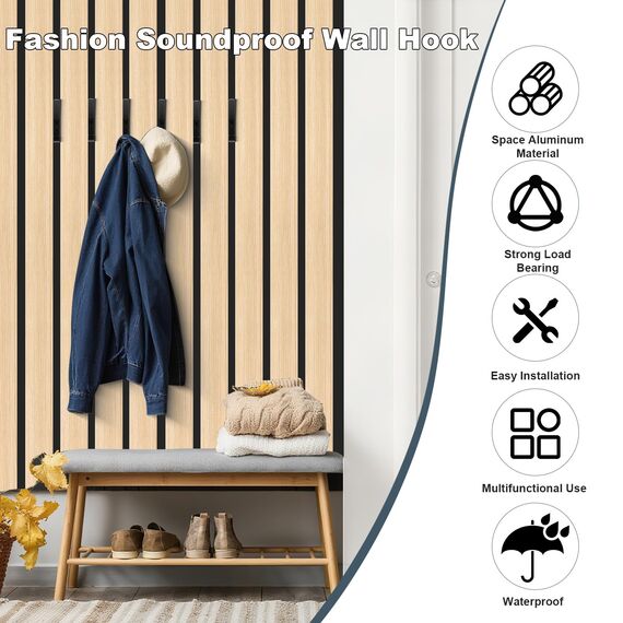 mobumeia 6 Stück Akustikpaneele Wandpaneele Kleiderhaken, Haken für Akustikpanele, doppelter Garderobenhaken Schwarz für Acoustic Panel, Akustikplatten Wandhaken Schwarz, Aluminium, 13mm