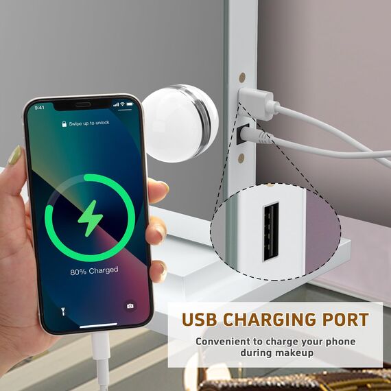 FENCHILIN Hollywood Spiegel mit USB Port 18 dimmbare LED Lampen Schminkspiegel mit Beleuchtung Groß Spiegel mit Beleuchtung 3 Farbtemperatur Schminkspiegel mit Licht für Schminktisch Weiß