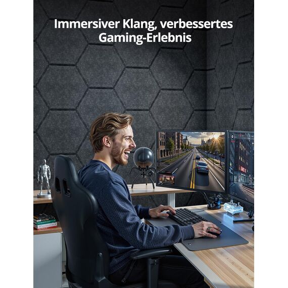 Hexagon Akustikplatten, 12 Stück Schallabsorber für Tonstudio, Wohnzimmer, Gaming Deko, Kinderzimmer, Buero, Wand, Decken, Türen Akustikpaneele Selbstklebend, 30 x 26 x 0,9cm, Dunkelgrau