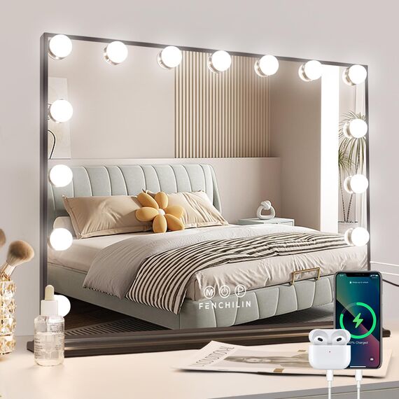 FENCHILIN Hollywood Spiegel mit Beleuchtung USB-C Ausgang Schminkspiegel mit Beleuchtung mit 15 dimmbare LED Lampen 3 Lichtmodus und einstellbare Helligkeit Hollywood Spiegel 58x46 cm Black