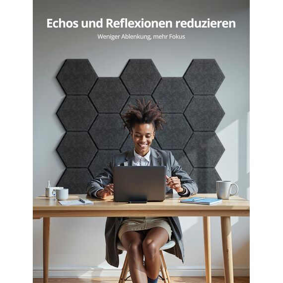 Hexagon Akustikplatten, 12 Stück Schallabsorber für Tonstudio, Wohnzimmer, Gaming Deko, Kinderzimmer, Buero, Wand, Decken, Türen Akustikpaneele Selbstklebend, 30 x 26 x 0,9cm, Dunkelgrau