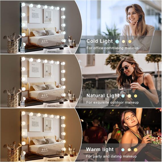 FENCHILIN Hollywood Spiegel mit Beleuchtung USB-C Ausgang Schminkspiegel mit Beleuchtung mit 15 dimmbare LED Lampen 3 Lichtmodus und einstellbare Helligkeit Hollywood Spiegel 58x46 cm Black