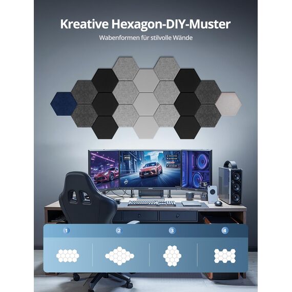 Hexagon Akustikplatten Selbstklebend, 12 Stück Schallabsorber für Tonstudio, Wohnzimmer, Gaming Deko, Kinderzimmer, Buero, Wand, Decken, Türen Akustikpaneele Schwarz, 30 x 26 x 0,9cm