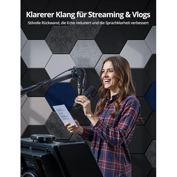 Hexagon Akustikplatten Selbstklebend, 12 Stück Schallabsorber für Tonstudio, Wohnzimmer, Gaming Deko, Kinderzimmer, Buero, Wand, Decken, Türen Akustikpaneele Schwarz, 30 x 26 x 0,9cm