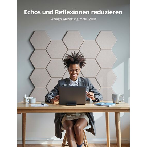 Hexagon Akustikplatten, 12 Stück Schallabsorber für Tonstudio, Wohnzimmer, Gaming Deko, Kinderzimmer, Buero, Wand, Decken, Türen Akustikpaneele Selbstklebend, 30 x 26 x 0,9cm, Beige