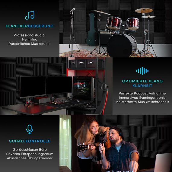 48 Stück Schalldämmung Akustikschaumstoff Selbstklebend, 2.5 X 30 X 30CM Schallschutzplatten, Akustik Schaumstoff, Schalldämmung Akustikpaneele für Tonstudio Podcasts Youtube-Zimmer