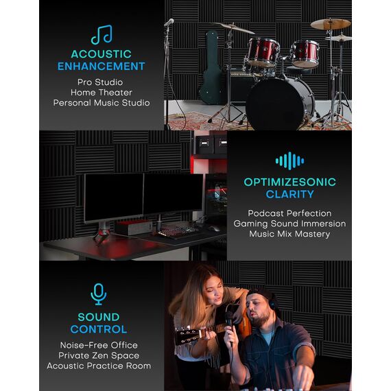 Knightsacoustic Schalldichte Schaumstoffplatten für Wände, selbstklebend, 30,5 x 30,5 x 2,5 cm, Akustikplatten mit hoher Dichte, schallabsorbierend, feuerbeständig, Studio-Schallschutz, Schwarz, 48