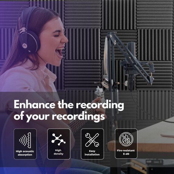 ROVSON Akustikschaumstoff, 24 Stück Akustikpaneele, 30x30x5cm, Hochdichte Schallabsorber Wand, Schallabsorber, Schalldämmung für Tonstudio, Anthrazit-Grau, Enthält Klebstoffe