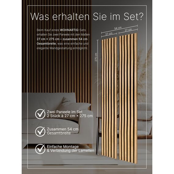 wohnartig® Akustikpaneele 1,485m² - 275cm x 54cm* set - (set = 2 Stück 275cm x 27cm) | Farbe: Eiche Windsor 280 | Wandverkleidung | Akustikpaneel | Wandpaneele auf filz | Akustikfilz