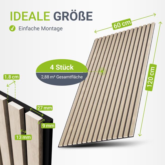 Juskys Akustikpaneele 4er Set 2,88 m² – Wandpaneele 120x60 cm zur Wandverkleidung, reduziert Hall & Lärm, dekorative Wandplatten – Eiche Natur Hell