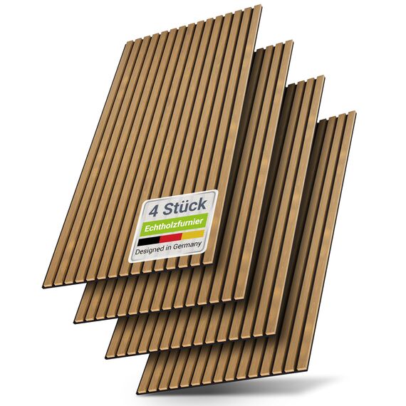 Juskys Akustikpaneele 4er Set 2,88 m² – Wandpaneele 120x60 cm zur Wandverkleidung, reduziert Hall & Lärm, dekorative Wandplatten – Eiche Natur Dunkel