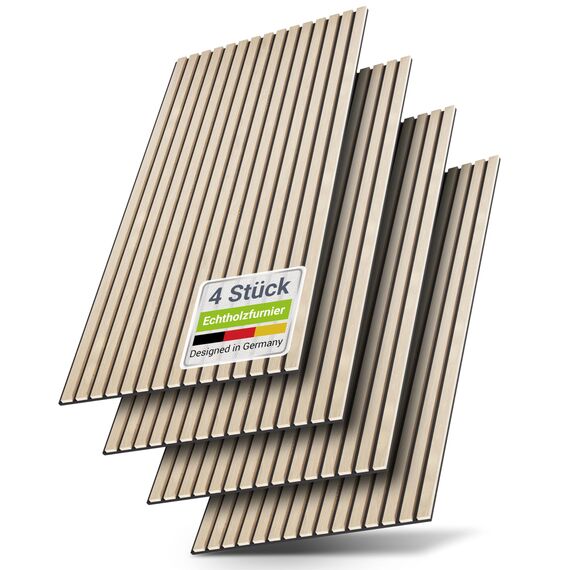 Juskys Akustikpaneele 4er Set 2,88 m² – Wandpaneele 120x60 cm zur Wandverkleidung, reduziert Hall & Lärm, dekorative Wandplatten – Eiche Natur Hell