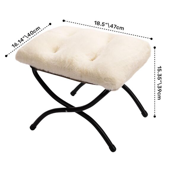 HollyHOME Fußhocker Klappbar Fußablage Fußstütze Faltbar Sitzhocker mit Metallbeinen Fusshocker mit Abnehmbar Gepolsterte Sitzfläche, Plüsch Beige