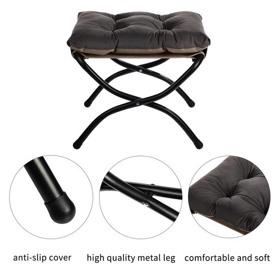 HollyHOME Fußhocker Klappbar Fußablage Fußstütze Faltbar Sitzhocker mit Metallbeinen Fusshocker mit Abnehmbar Gepolsterte Sitzfläche Samt, Dunkelgrau