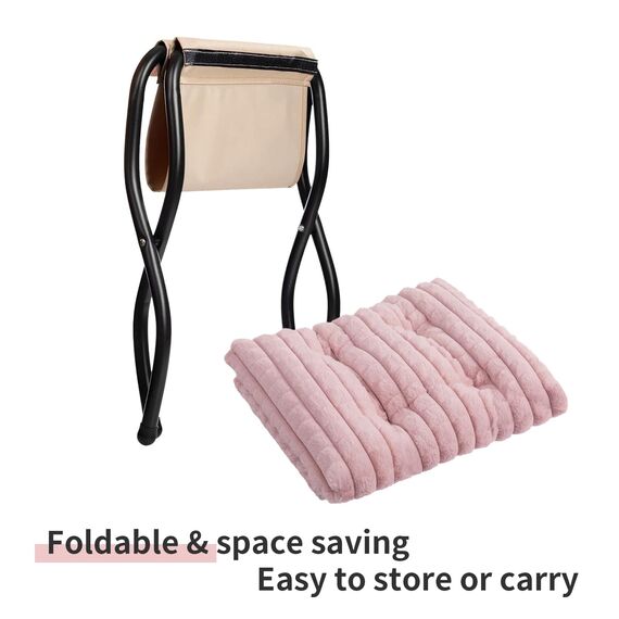 HollyHOME Fußhocker Klappbar Fußablage Fußstütze Faltbar Sitzhocker mit Metallbeinen Fusshocker mit Abnehmbar Gepolsterte Sitzfläche, Rosa