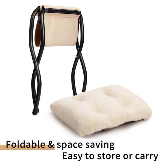 HollyHOME Fußhocker Klappbar Fußablage Fußstütze Faltbar Sitzhocker mit Metallbeinen Fusshocker mit Abnehmbar Gepolsterte Sitzfläche, Plüsch Beige