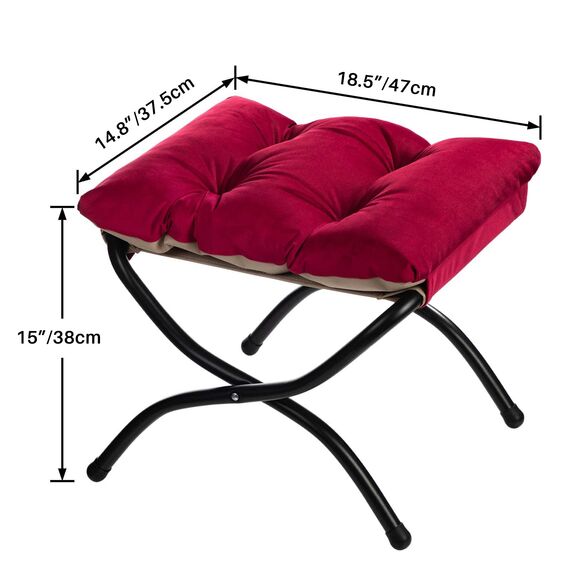HollyHOME Fußhocker Klappbar Fußablage Fußstütze Faltbar Sitzhocker mit Metallbeinen Fusshocker mit Abnehmbar Gepolsterte Sitzfläche Samt, Rot