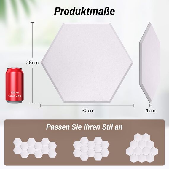 18 Stücke Hexagon Akustikplatten selbstklebend, TONOR Schallabsorber Schallschutz mit Hochdichte Wandfliesen Schall Dämmung 30x26x1 cm für Studio, Akustische Behandlung und Wanddekoration