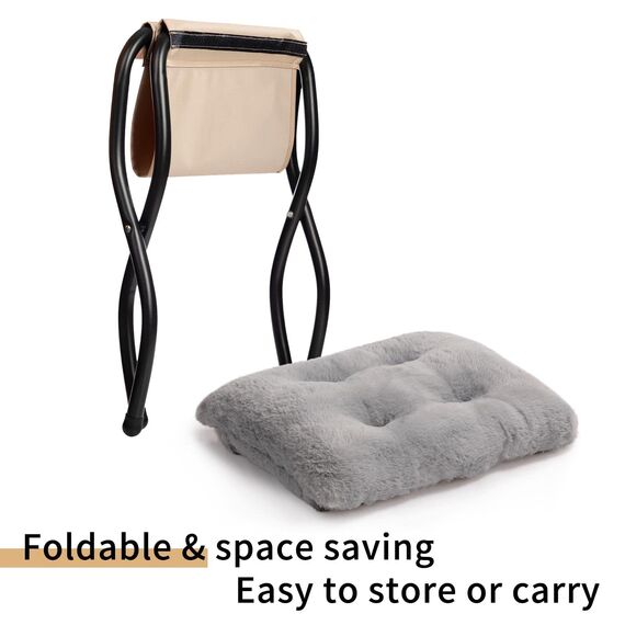 HollyHOME Fußhocker Klappbar Fußablage Fußstütze Faltbar Sitzhocker mit Metallbeinen Fusshocker mit Abnehmbar Gepolsterte Sitzfläche, Plüsch Grau