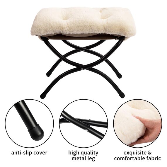 HollyHOME Fußhocker Klappbar Fußablage Fußstütze Faltbar Sitzhocker mit Metallbeinen Fusshocker mit Abnehmbar Gepolsterte Sitzfläche, Plüsch Beige