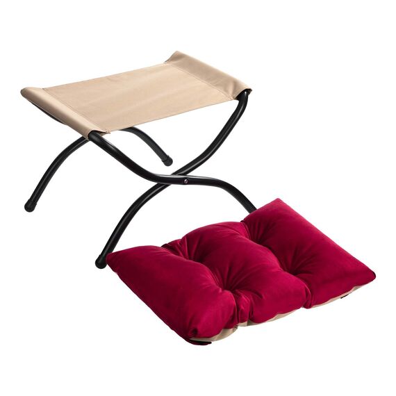 HollyHOME Fußhocker Klappbar Fußablage Fußstütze Faltbar Sitzhocker mit Metallbeinen Fusshocker mit Abnehmbar Gepolsterte Sitzfläche Samt, Rot