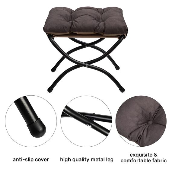 HollyHOME Fußhocker Klappbar Fußablage Fußstütze Faltbar Sitzhocker mit Metallbeinen Fusshocker mit Abnehmbar Gepolsterte Sitzfläche, Grau Braun
