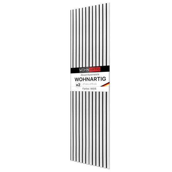 wohnartig® Akustikpaneele 1,485m² - 275cm x 54cm* set - (set = 2 Stück 275cm x 27cm) | Farbe: Weiß 590 | Wandverkleidung | Akustikpaneel | Wandpaneele auf filz | Akustikfilz | Lamellenwand