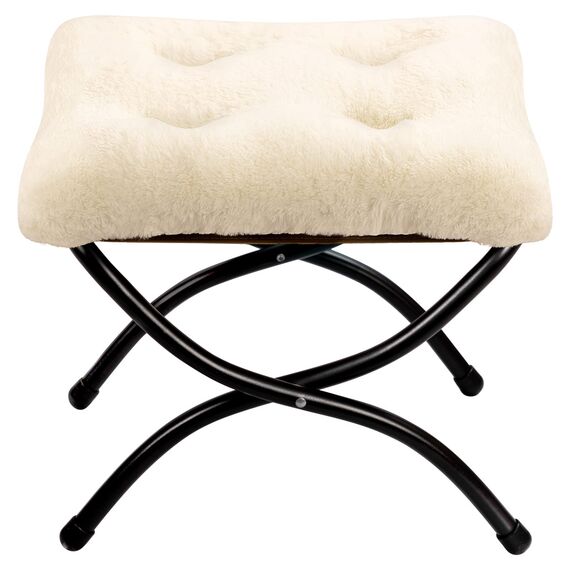 HollyHOME Fußhocker Klappbar Fußablage Fußstütze Faltbar Sitzhocker mit Metallbeinen Fusshocker mit Abnehmbar Gepolsterte Sitzfläche, Plüsch Beige