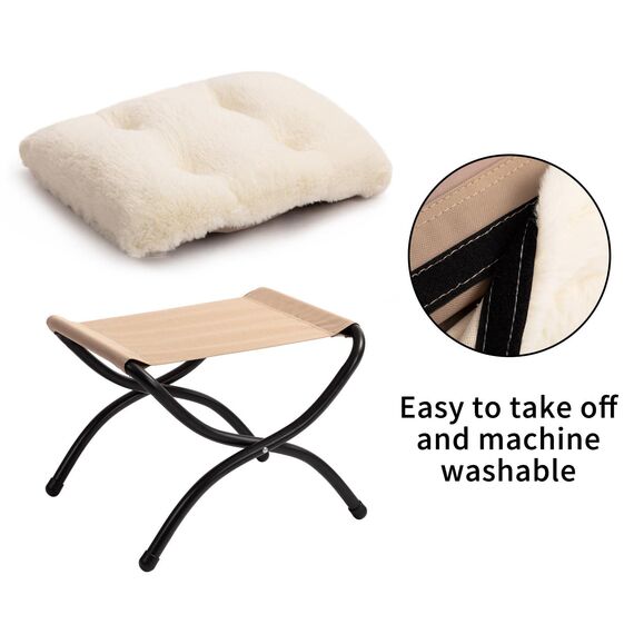 HollyHOME Fußhocker Klappbar Fußablage Fußstütze Faltbar Sitzhocker mit Metallbeinen Fusshocker mit Abnehmbar Gepolsterte Sitzfläche, Plüsch Beige