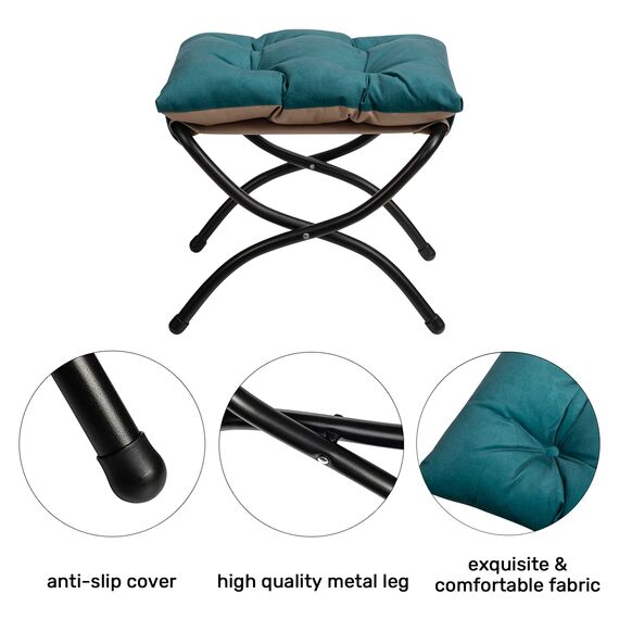 HollyHOME Fußhocker Klappbar Fußablage Fußstütze Faltbar Sitzhocker mit Metallbeinen Fusshocker mit Abnehmbar Gepolsterte Sitzfläche, Pfauenblau