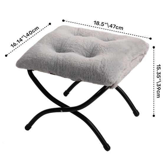 HollyHOME Fußhocker Klappbar Fußablage Fußstütze Faltbar Sitzhocker mit Metallbeinen Fusshocker mit Abnehmbar Gepolsterte Sitzfläche, Plüsch Grau