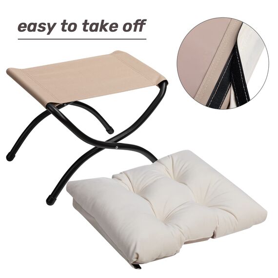 HollyHOME Fußhocker Klappbar Fußablage Fußstütze Faltbar Sitzhocker mit Metallbeinen Fusshocker mit Abnehmbar Gepolsterte Sitzfläche Samt, Beige