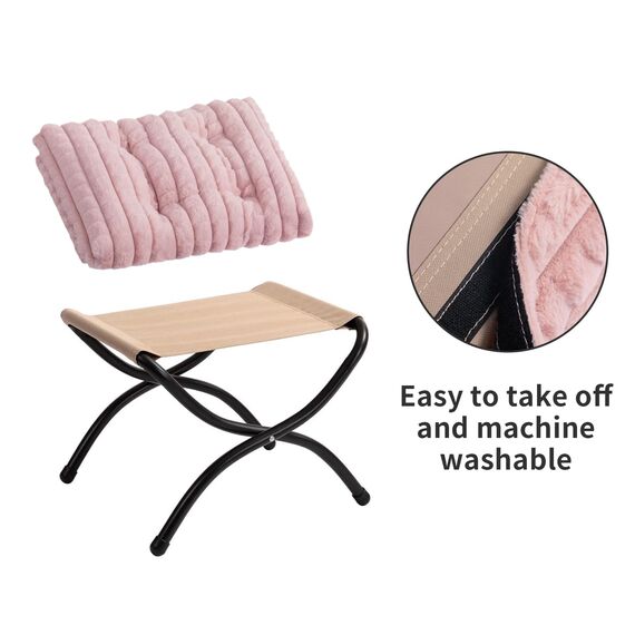 HollyHOME Fußhocker Klappbar Fußablage Fußstütze Faltbar Sitzhocker mit Metallbeinen Fusshocker mit Abnehmbar Gepolsterte Sitzfläche, Rosa