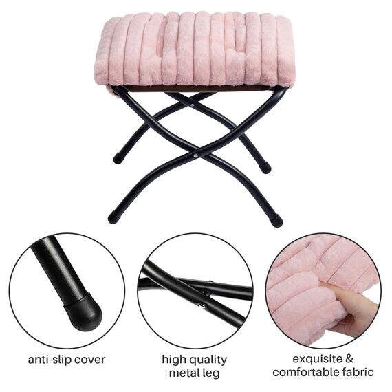 HollyHOME Fußhocker Klappbar Fußablage Fußstütze Faltbar Sitzhocker mit Metallbeinen Fusshocker mit Abnehmbar Gepolsterte Sitzfläche, Rosa