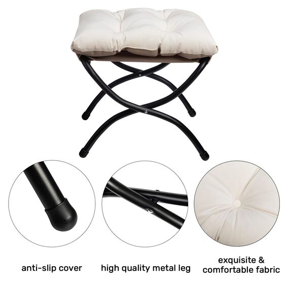 HollyHOME Fußhocker Klappbar Fußablage Fußstütze Faltbar Sitzhocker mit Metallbeinen Fusshocker mit Abnehmbar Gepolsterte Sitzfläche Samt, Beige