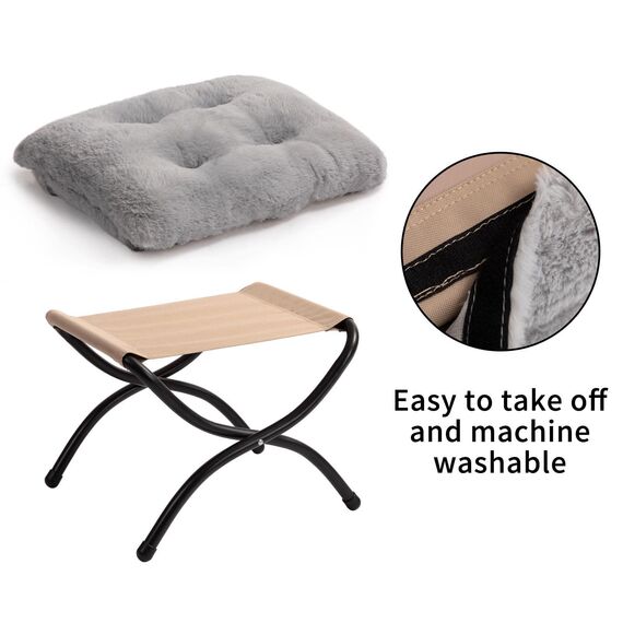 HollyHOME Fußhocker Klappbar Fußablage Fußstütze Faltbar Sitzhocker mit Metallbeinen Fusshocker mit Abnehmbar Gepolsterte Sitzfläche, Plüsch Grau