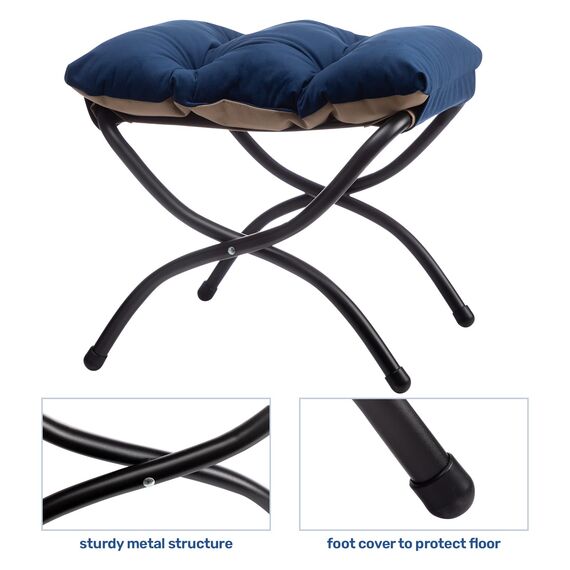 HollyHOME Fußhocker Klappbar Fußablage Fußstütze Faltbar Sitzhocker mit Metallbeinen Fusshocker mit Abnehmbar Gepolsterte Sitzfläche Samt, Dunkelblau
