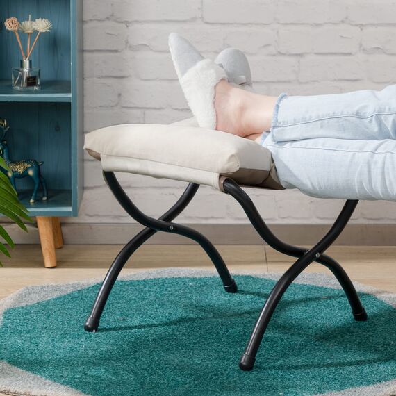 HollyHOME Fußhocker Klappbar Fußablage Fußstütze Faltbar Sitzhocker mit Metallbeinen Fusshocker mit Abnehmbar Gepolsterte Sitzfläche Samt, Beige