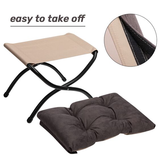 HollyHOME Fußhocker Klappbar Fußablage Fußstütze Faltbar Sitzhocker mit Metallbeinen Fusshocker mit Abnehmbar Gepolsterte Sitzfläche, Grau Braun