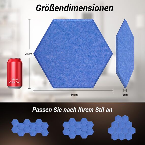 Hexagon Akustikplatten selbstklebend 12St. TONOR schallschutzplatten Schallschutz mit Hochdichte Wandfliesen Schalldämmung 30x26x1cm für Studio,Büro,Akustische Behandlung Wanddekoration Blau