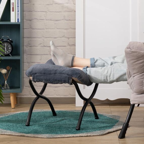 HollyHOME Fußhocker Klappbar Fußablage Fußstütze Faltbar Sitzhocker mit Metallbeinen Fusshocker mit Abnehmbar Gepolsterte Sitzfläche, Plüsch Dunkelgrau