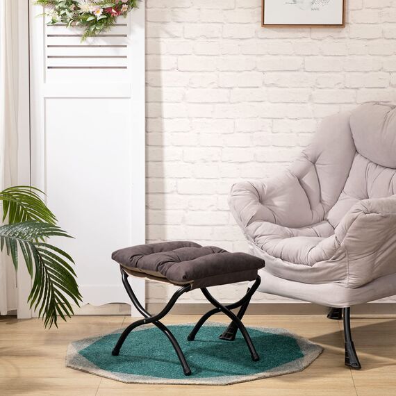 HollyHOME Fußhocker Klappbar Fußablage Fußstütze Faltbar Sitzhocker mit Metallbeinen Fusshocker mit Abnehmbar Gepolsterte Sitzfläche, Grau Braun
